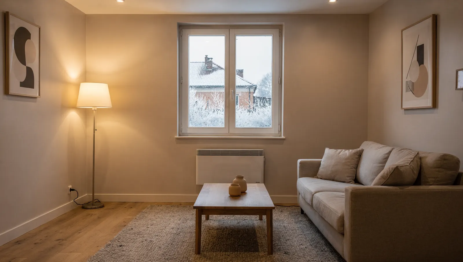Salon en hiver avec un radiateur électrique blanc sous une grande fenêtre givrée