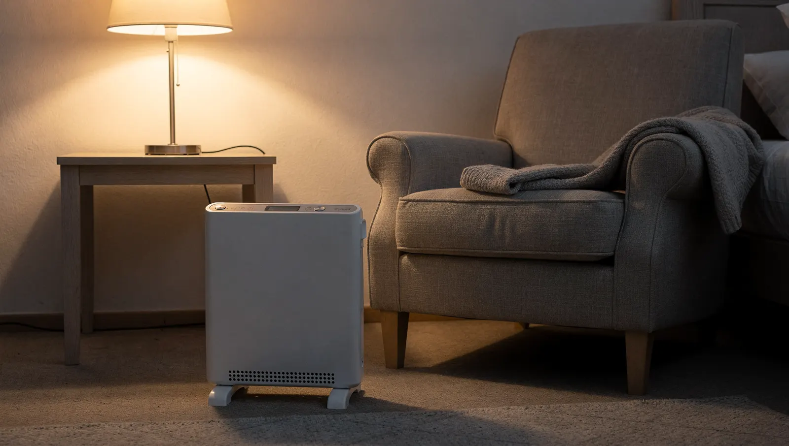 Chauffage d'appoint posé dans une chambre, à côté d'un fauteuil de lecture
