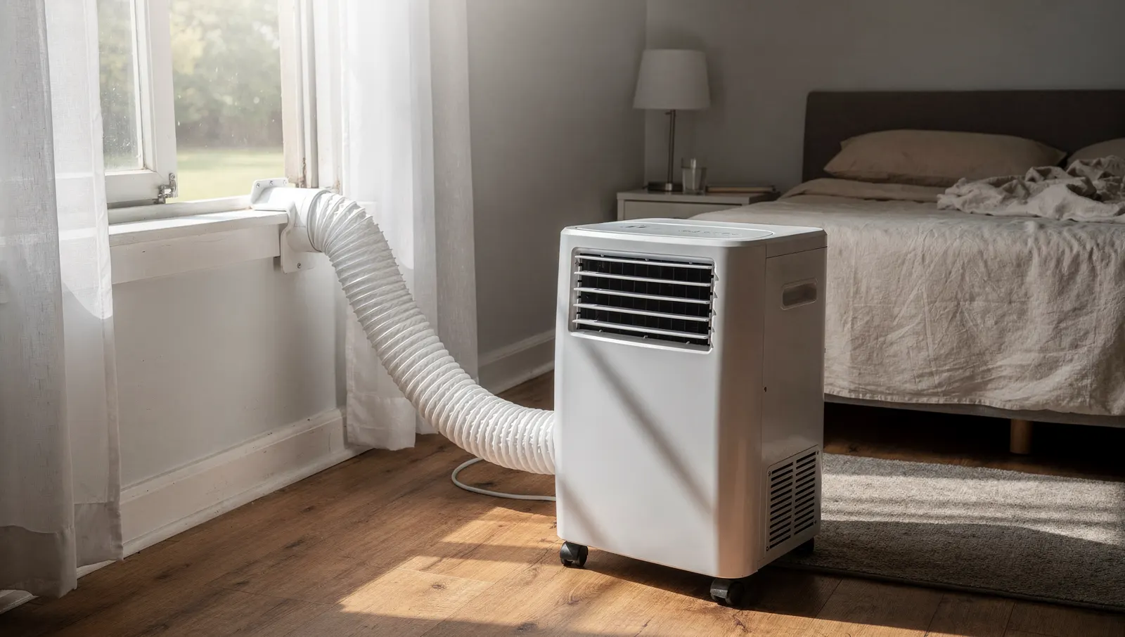 Climatiseur mobile dans une chambre, gaine d'évacuation passée par la fenêtre